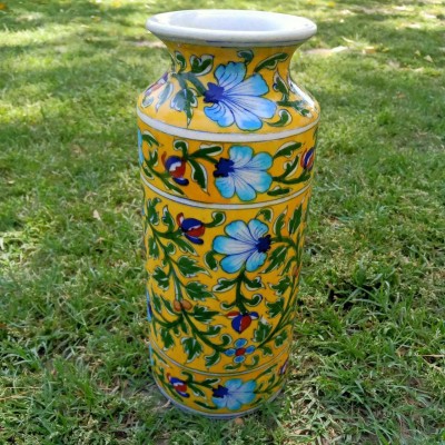 Heritage India Heritage India Blue Pottery Bottle Neck Cylinder Pottery Vase(5 inch, Yellow)