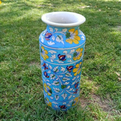 Heritage India Heritage India Blue Pottery Bottle Neck Cylinder Stoneware Vase(5 inch, Multicolor)