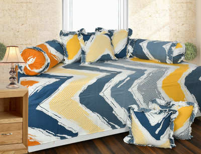 LCF Polycotton Geometric Diwan Set(Blue, White)