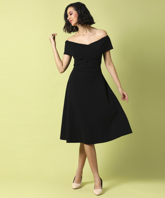CAMPUS SUTRA Women Fit and Flare Black Midi/Calf Length Dress