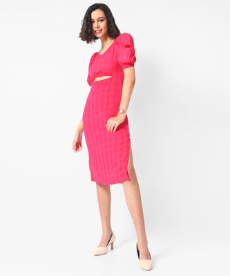 CAMPUS SUTRA Women Fit and Flare Red Midi/Calf Length Dress