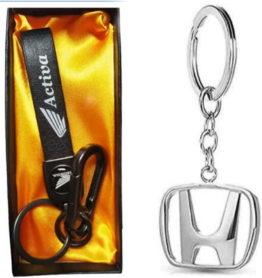 JAINSON MARTIN Combo of Activa Leather Stripe Key Chain with Hook and Honda Silver Metal Key Chain