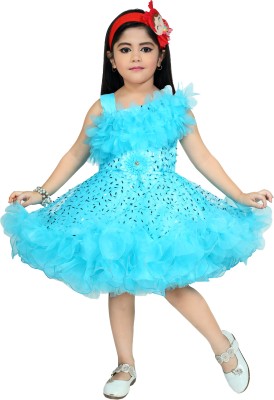 JhilikGarments Girls Below Knee Party Dress(Blue, Sleeveless)