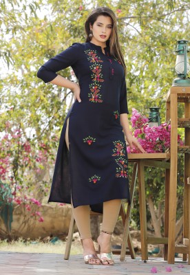 MHS Women Embroidered Straight Kurta(Dark Blue)