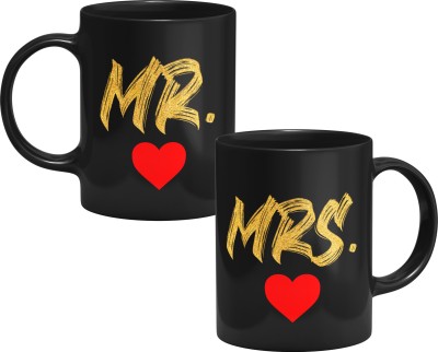 Cardinal Creation Mr. & Mrs. Premium Love Couple Design Black Combo Ceramic Coffee Mug(325 ml, Pack of 2)