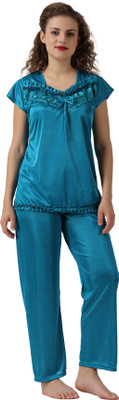 GOODNIGHT GLAM Women Self Design Blue Top & Pyjama Set