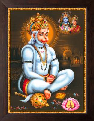 Artisan Cart Lord Hanuman in Meditation and Lord Ram & Devi Sita Giving Blessing HD Picture. Digital Reprint 9 inch x 7 inch Painting
