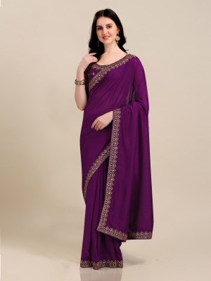 Vivan Fab Temple Border, Embroidered Bollywood Art Silk, Lace Saree(Purple)