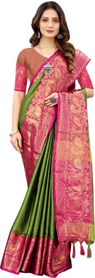 Smikri Fashion Woven, Solid/Plain Kanjivaram Jacquard, Pure Silk Saree(Dark Green)