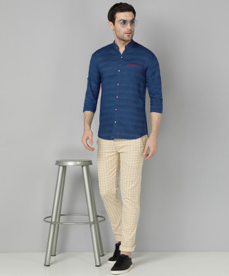 FUBAR Men Striped Casual Dark Blue Shirt