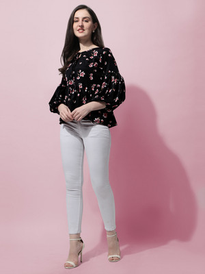 Oomph! Casual Floral Print Women Black Top