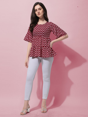 Oomph! Casual Chevron/Zig Zag Women Red Top