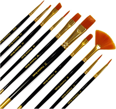 Craftacious 10pc Mix Painting Brush Set; Combo of Round, Falt, Fan, Angular, Filbert, Fine.(Black and Golden)