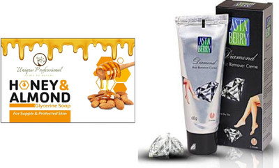 UNIQUE PROFESSIONAL HONEY & ALMOND GLYCIRNE SOAP 100 GR + DAIMOND HAIR REMOVER CREAM CREAM 60 GR PACK OF 1(2 Items in the set)