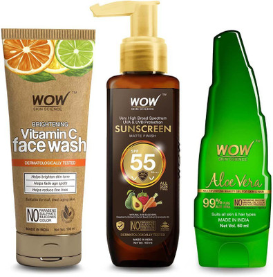 WOW SKIN SCIENCE Summer Skin Care Kit – Pure Aloe Vera Gel, Sunscreen Lotion & Vitamin C Face WashNet Vol. 260mL (3 Items in the set)