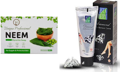 UNIQUE PROFESSIONAL NEEM GLYCIRNE SOAP 100 GR + DAIMOND HAIR REMOVER CREAM 60 GR PACK OF 1(2 Items in the set)