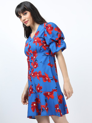 Tokyo Talkies Women Fit and Flare Blue Above Knee/Mid Thigh Length Dress