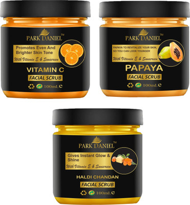 PARK DANIEL Vitamin C, Papaya & Haldi Chandan Face Scrub Pack of 3 Jars of 100 ml(300 ml) Scrub(300 ml)