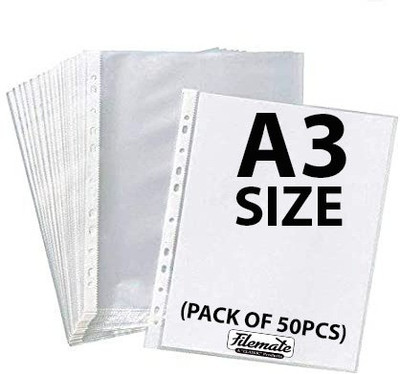 FileMate A3 size Sheet Protector(Pack of 50 pcs)(150 micron)(Size: 16.6 X 12.5 inch) / Document Sleeves (Specially for architecture size documents and paintings)(Set Of 50, White and Transparent)