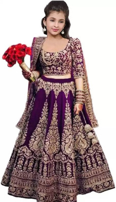 The Fashion Prime Girls Lehenga Choli Ethnic Wear Embroidered Lehenga, Choli and Dupatta Set(Purple, Pack of 1)