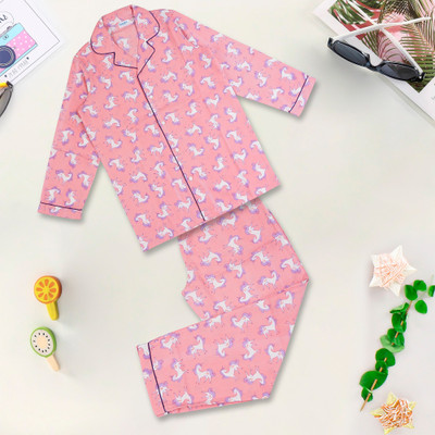 KiddieKid Kids Nightwear Boys & Girls Printed Cotton Blend(Pink Pack of 2)