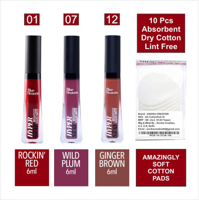 BLUE HEAVEN Hyper Stay Combo Liquid Matte Lipstick Shades-1-7-12 + Cotton Pad (10pcs)(Multicolor, 18 ml)