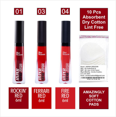 BLUE HEAVEN Hyper Stay Combo Liquid Matte Lipstick Shades-1-3-4 + Cotton Pad (10pcs)(Multicolor, 18 ml)