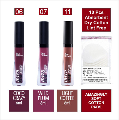 BLUE HEAVEN Hyper Stay Combo Liquid Matte Lipstick Shades-6-7-11 + Cotton Pad (10pcs)(Multicolor, 18 ml)
