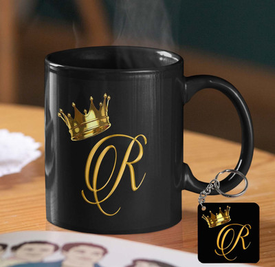 BlueBells Gifting R Letter Black Ceramic with Free R letter MDF Keychain(Coffee+Keychain) Ceramic Coffee Mug(325 ml, Pack of 2)