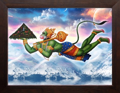 Artisan Cart Lord Hanuman Flying with Dronagiri Mountain, HD Printed Picture with Frame. Digital Reprint 9 inch x 7 inch Painting(With Frame)