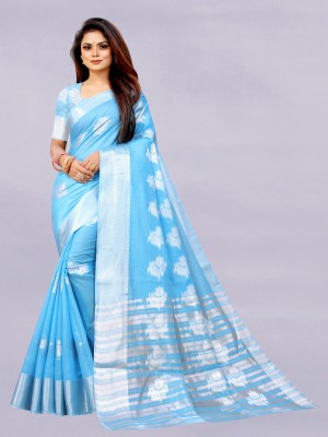 KRENIW Self Design, Printed, Temple Border, Woven, Floral Print, Solid/Plain Bollywood Jacquard, Cotton Linen Saree(Blue)