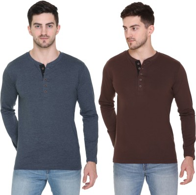 aarbee Solid Men Henley Neck Dark Blue, Brown T-Shirt