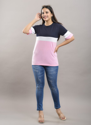 PINK GRAPES Colorblock Women Round Neck Pink T-Shirt