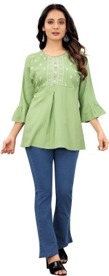 dhyana fashion Casual Embroidered Women Green Top