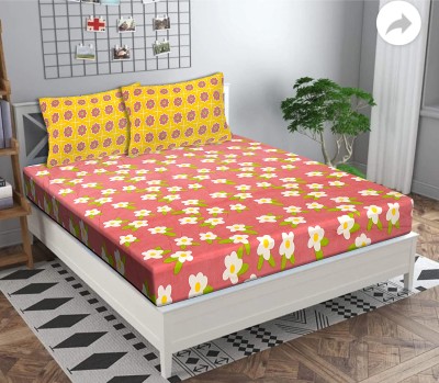 RIYA FABRICS 344 TC Microfiber Double Floral Fitted (Elastic) Bedsheet(Pack of 1, Peach)