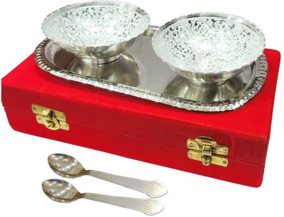 SAFESEED Silver Plated Set Antique Design Bowl For ice-cream, Diwali Gift Item Bowl Bowl, Spoon, Tray Serving Set(Pack of 5)