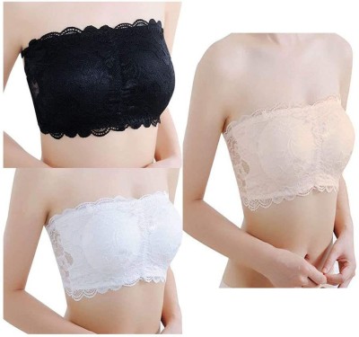 Dadlace Women's Lace Tube Strapless Padded Bra (Free Size, 28 to 34 ) Girls Full Coverage Non Padded Bra(Black, Beige, White)