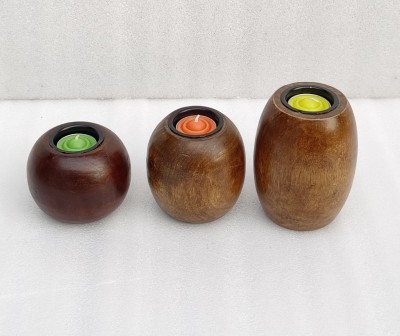 OnlineCraft Wooden Tealight Holder Set(Brown, Pack of 3)