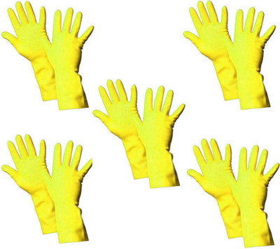 Conclood India Yellow Rubber Hand Gloves Set of 5 Wet and Dry Glove Set(Free Size Pack of 5)