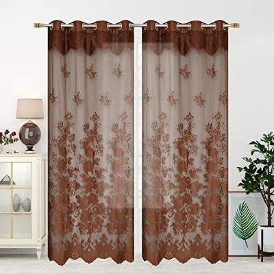 croox 213 cm (7 ft) Net, Polyester Transparent Window Curtain (Pack Of 2)(Floral, Brown)
