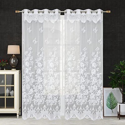 croox 213 cm (7 ft) Net, Polyester Transparent Window Curtain (Pack Of 2)(Floral, White)