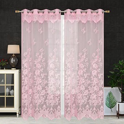 croox 213 cm (7 ft) Net, Polyester Transparent Window Curtain (Pack Of 2)(Floral, Pink)