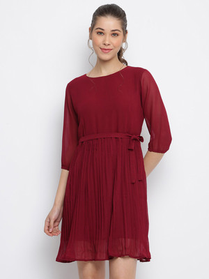 MAYRA Women Fit and Flare Maroon Knee Length Dress