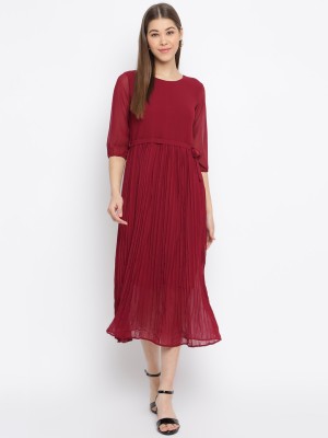 MAYRA Women Fit and Flare Maroon Dress