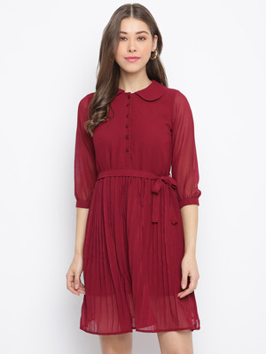 MAYRA Women Fit and Flare Maroon Knee Length Dress