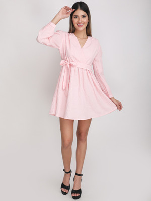 Jakanary Women Wrap Pink Above Knee/Mid Thigh Length Dress