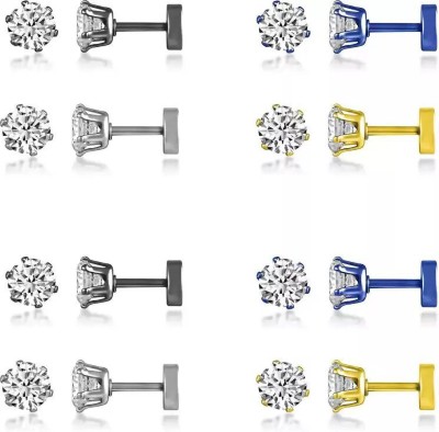 vien Glittering White Crystal Studs Earrings Cubic Zirconia (PACK OF 8PC) Cubic Zirconia Stainless Steel Stud Earring
