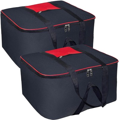 justsmartkart Multi Purpose Underbed Foldable Storage Bag with Zipper Closure and Strong Handle(Nylon).Clothes Storage Organizer /Blanket Cover (Black Mix Red),Pack of 2(Black Mix Red)
