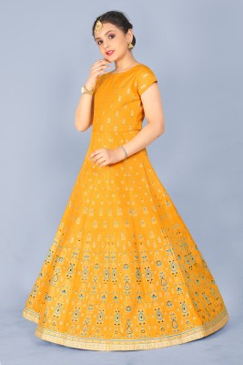 Mirrow Trade Girls Maxi/Full Length Festive/Wedding Dress(Yellow, Short Sleeve)