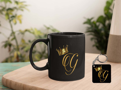 BlueBells Gifting G Letter Black Ceramic with Free G letter MDF Keychain(+Keychain) Ceramic Coffee Mug(325 ml, Pack of 2)